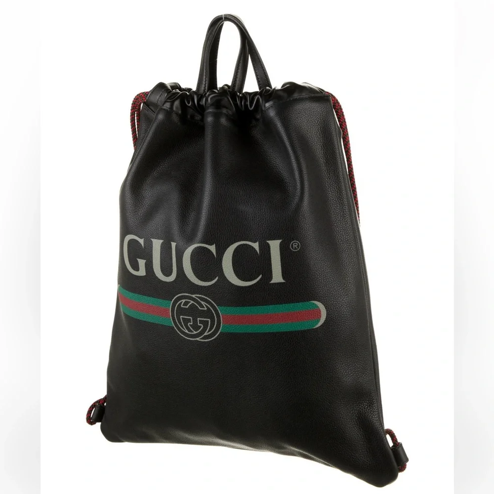 New GUCCI Logo Leather Drawstring Backpack - Picture 3 of 10